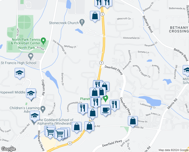 map of restaurants, bars, coffee shops, grocery stores, and more near 13354 Marrywood Drive in Alpharetta