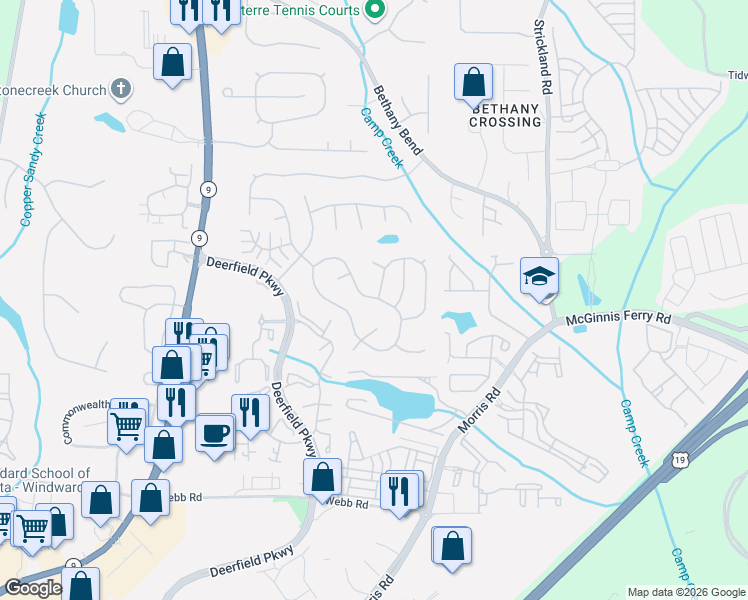 map of restaurants, bars, coffee shops, grocery stores, and more near 3362 Avensong Village Circle in Alpharetta