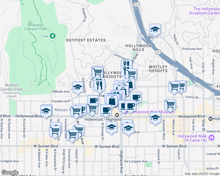 map of restaurants, bars, coffee shops, grocery stores, and more near 1930 North Sycamore Avenue in Los Angeles
