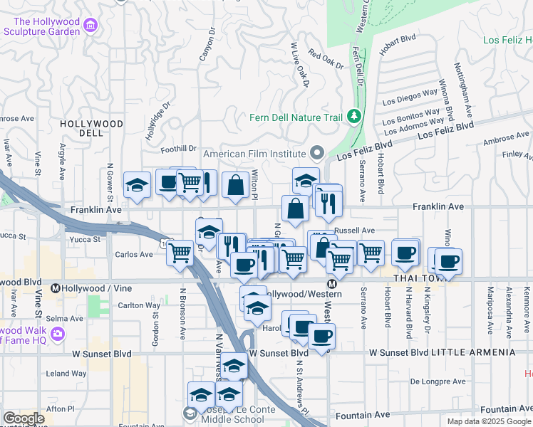 map of restaurants, bars, coffee shops, grocery stores, and more near 5672 Franklin Avenue in Los Angeles