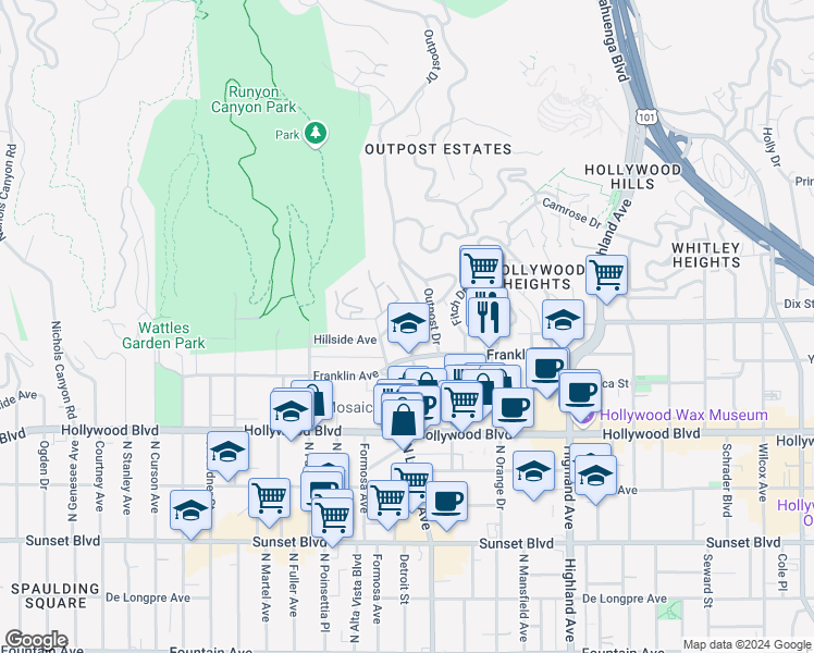 map of restaurants, bars, coffee shops, grocery stores, and more near 1838 El Cerrito Place in Los Angeles