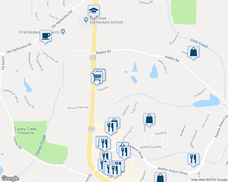 map of restaurants, bars, coffee shops, grocery stores, and more near 2505 Thackery Court in Cumming