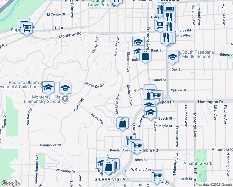 map of restaurants, bars, coffee shops, grocery stores, and more near 1707 Meridian Avenue in South Pasadena