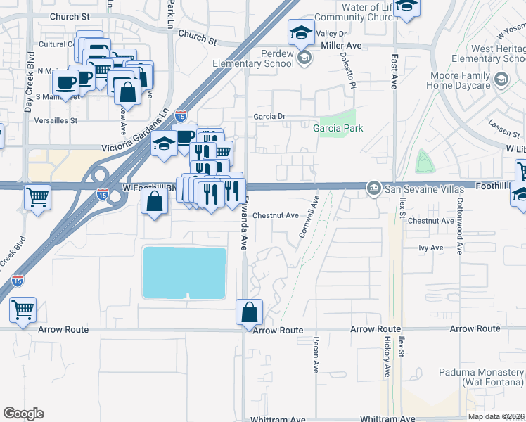 map of restaurants, bars, coffee shops, grocery stores, and more near 12948 Chestnut Avenue in Rancho Cucamonga