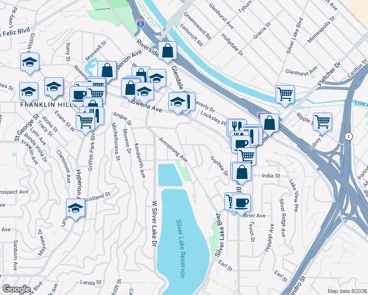 map of restaurants, bars, coffee shops, grocery stores, and more near 2634 Lakewood Avenue North in Los Angeles