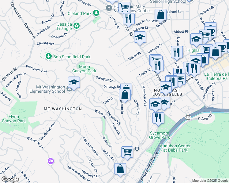 map of restaurants, bars, coffee shops, grocery stores, and more near 528 Rustic Drive in Los Angeles