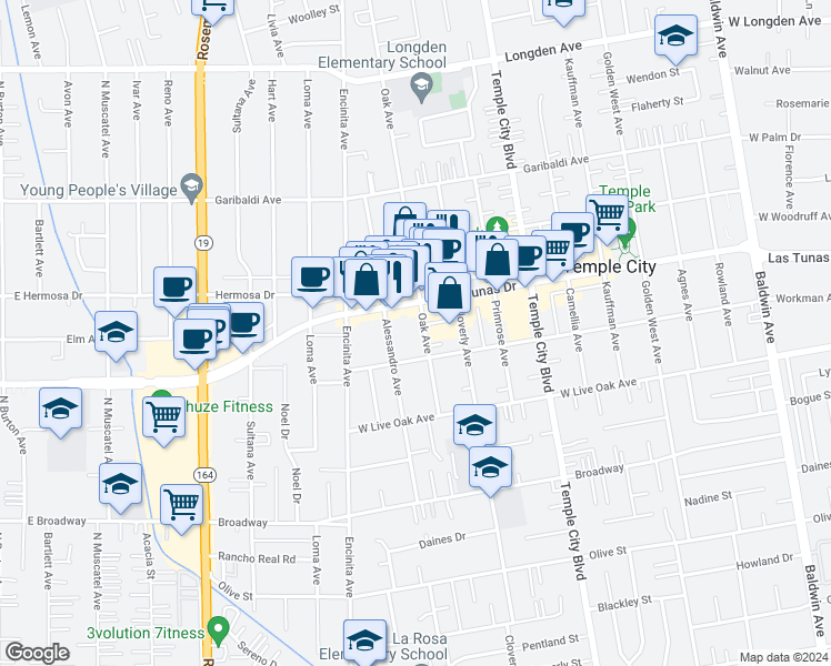 map of restaurants, bars, coffee shops, grocery stores, and more near 5827 Oak Avenue in Temple City
