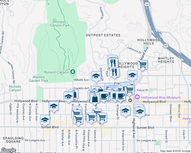 map of restaurants, bars, coffee shops, grocery stores, and more near 1838 El Cerrito Place in Los Angeles
