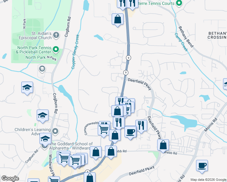 map of restaurants, bars, coffee shops, grocery stores, and more near 13330 Marrywood Drive in Alpharetta