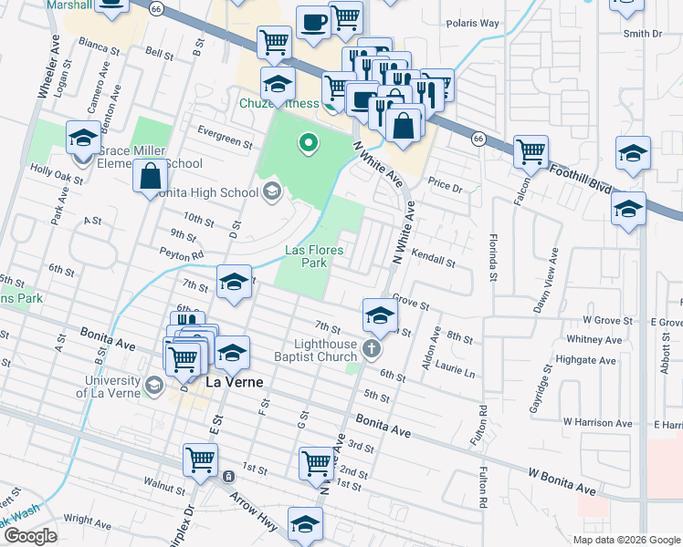 map of restaurants, bars, coffee shops, grocery stores, and more near 2372 Pepper Street in La Verne