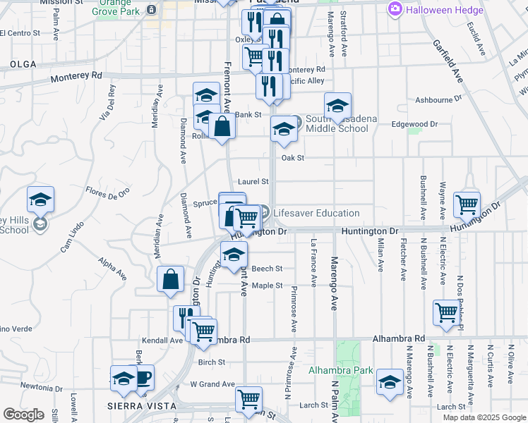 map of restaurants, bars, coffee shops, grocery stores, and more near 1801 Fair Oaks Avenue in South Pasadena