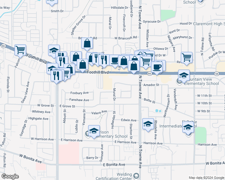 map of restaurants, bars, coffee shops, grocery stores, and more near 3333 Mural Drive in Pomona