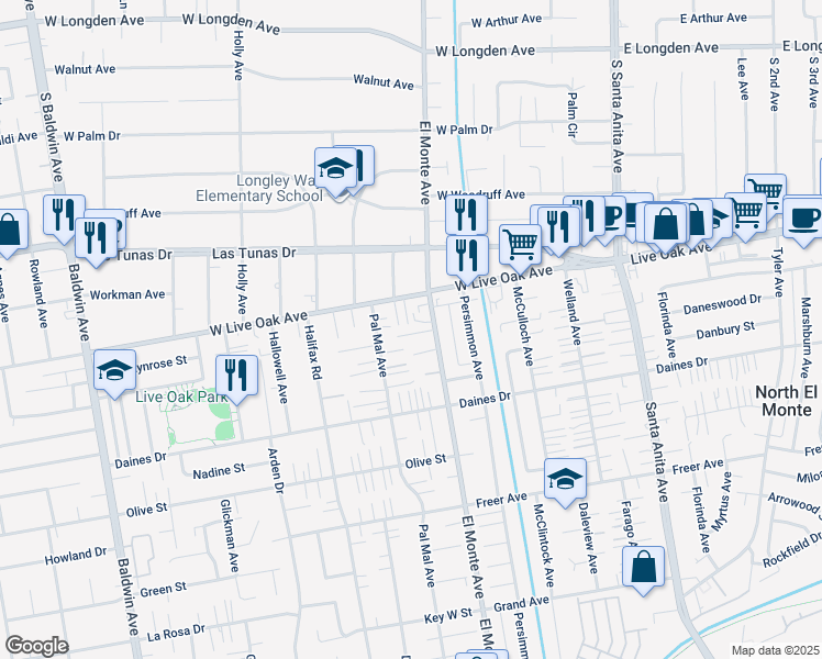 map of restaurants, bars, coffee shops, grocery stores, and more near 10624 Live Oak Avenue in Arcadia