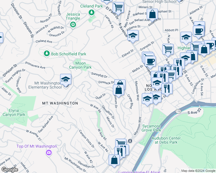 map of restaurants, bars, coffee shops, grocery stores, and more near 532 Rustic Drive in Los Angeles