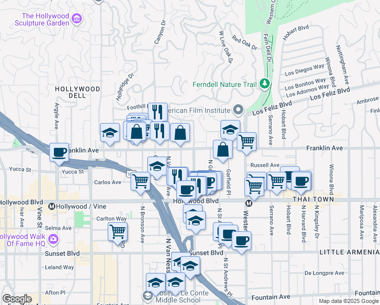 map of restaurants, bars, coffee shops, grocery stores, and more near 5101 Franklin Avenue in Los Angeles