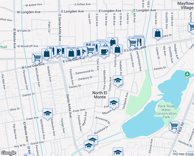 map of restaurants, bars, coffee shops, grocery stores, and more near 11261 Danbury Street in Arcadia