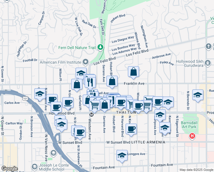 map of restaurants, bars, coffee shops, grocery stores, and more near 1901 North Hobart Boulevard in Los Angeles
