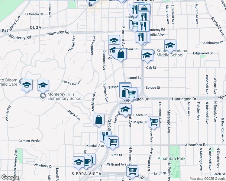 map of restaurants, bars, coffee shops, grocery stores, and more near 1212 Spruce Street in South Pasadena