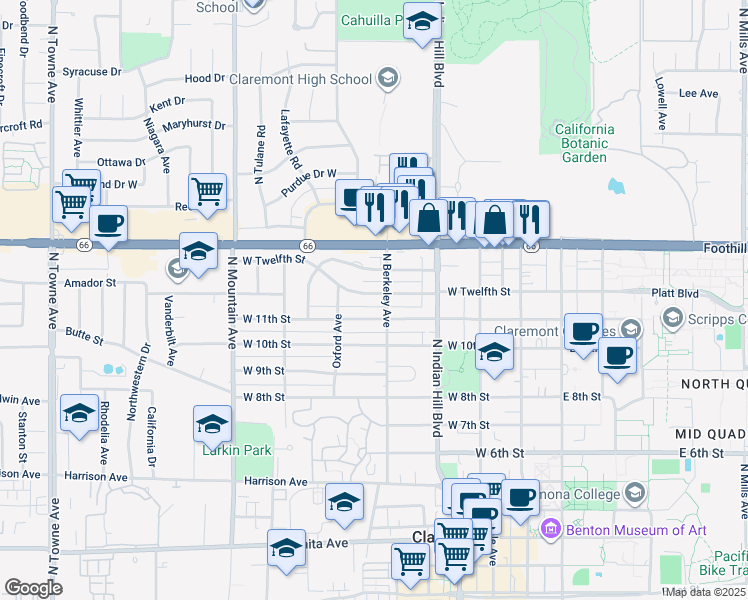 map of restaurants, bars, coffee shops, grocery stores, and more near 526 West 12th Street in Claremont