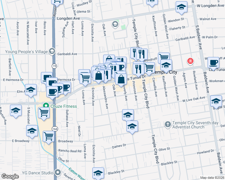 map of restaurants, bars, coffee shops, grocery stores, and more near 5827 Oak Avenue in Temple City