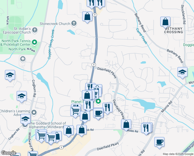 map of restaurants, bars, coffee shops, grocery stores, and more near 13097 Georgia 9 in Alpharetta