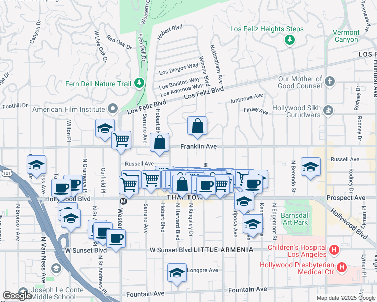 map of restaurants, bars, coffee shops, grocery stores, and more near 1862 North Kingsley Drive in Los Angeles