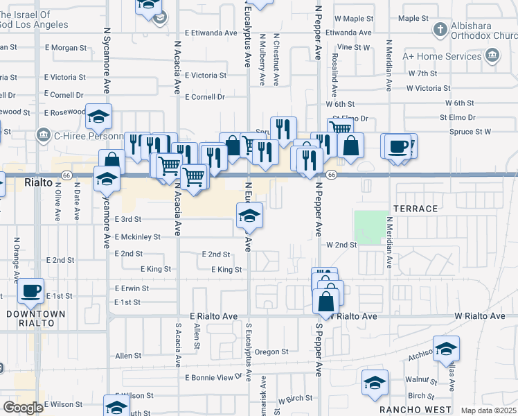 map of restaurants, bars, coffee shops, grocery stores, and more near 347 North Eucalyptus Avenue in Rialto