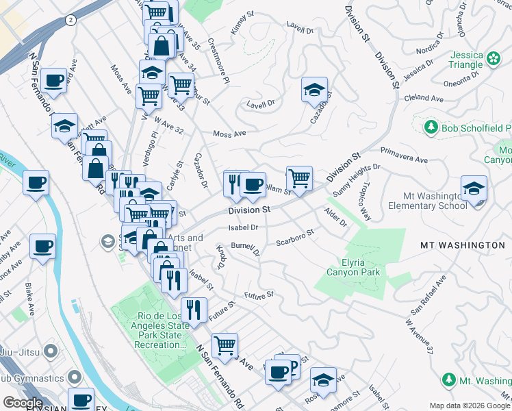 map of restaurants, bars, coffee shops, grocery stores, and more near 3333 Division Street in Los Angeles