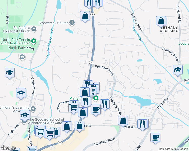 map of restaurants, bars, coffee shops, grocery stores, and more near 13097 Georgia 9 in Alpharetta