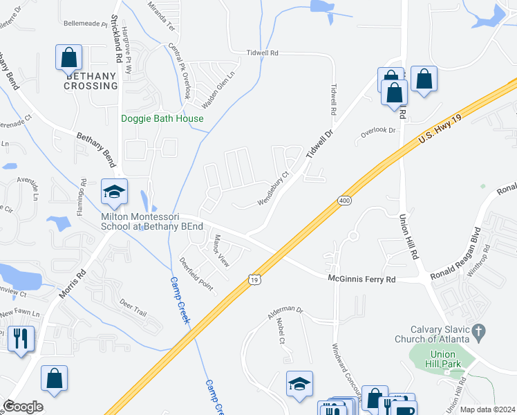 map of restaurants, bars, coffee shops, grocery stores, and more near 909 Wendlebury Court in Alpharetta