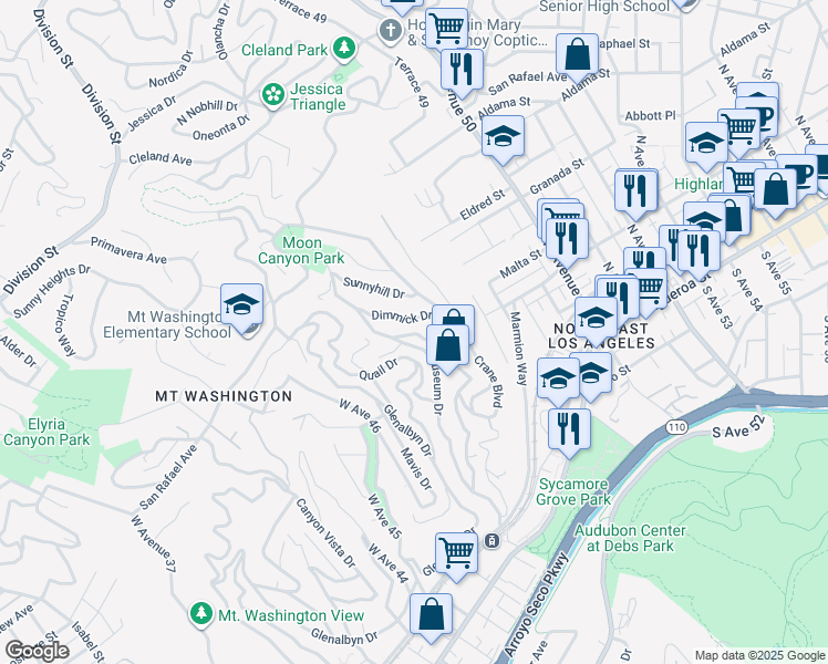 map of restaurants, bars, coffee shops, grocery stores, and more near 524 Rustic Drive in Los Angeles