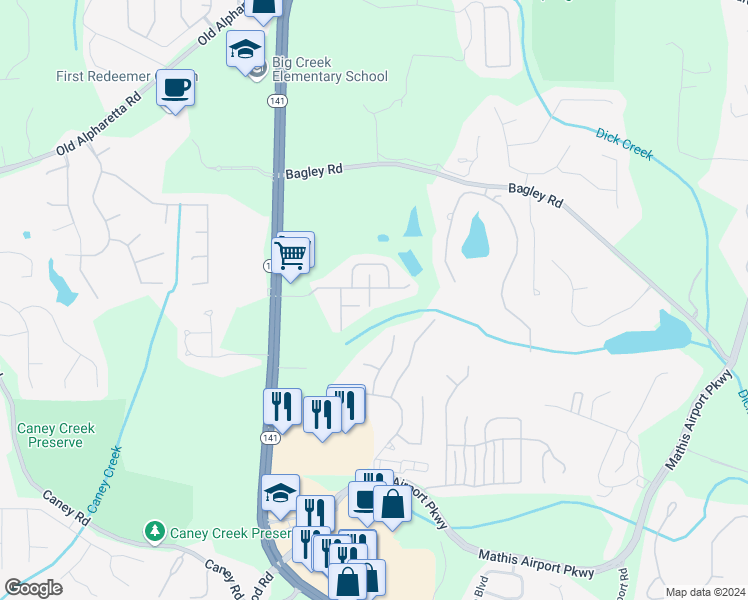 map of restaurants, bars, coffee shops, grocery stores, and more near 2635 Runnymede Court in Cumming