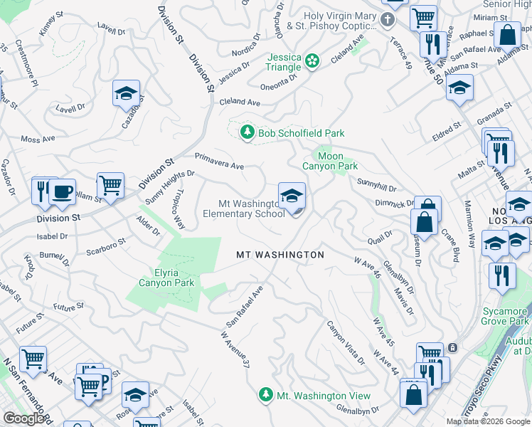 map of restaurants, bars, coffee shops, grocery stores, and more near 4042 Marchena Drive in Los Angeles