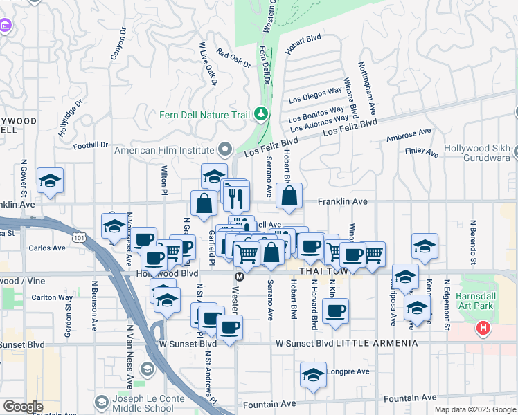 map of restaurants, bars, coffee shops, grocery stores, and more near 1900 North Oxford Avenue in Los Angeles