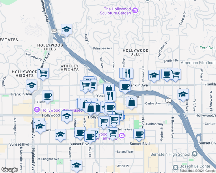 map of restaurants, bars, coffee shops, grocery stores, and more near 6322 Franklin Avenue in Los Angeles