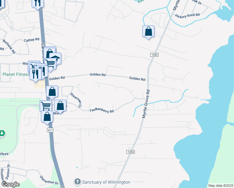 map of restaurants, bars, coffee shops, grocery stores, and more near 7007 Poplar Knoll Court in Wilmington
