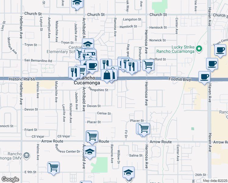 map of restaurants, bars, coffee shops, grocery stores, and more near 9882 Hampshire Street in Rancho Cucamonga