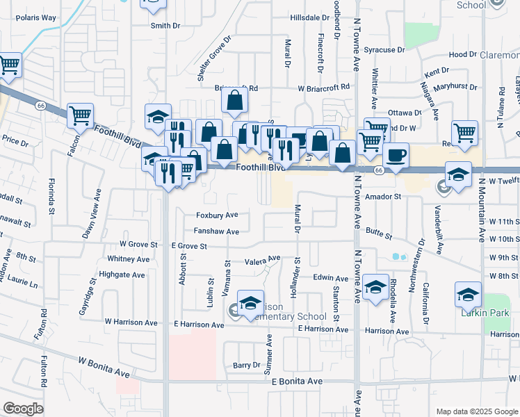 map of restaurants, bars, coffee shops, grocery stores, and more near 402 East Foothill Boulevard in Pomona