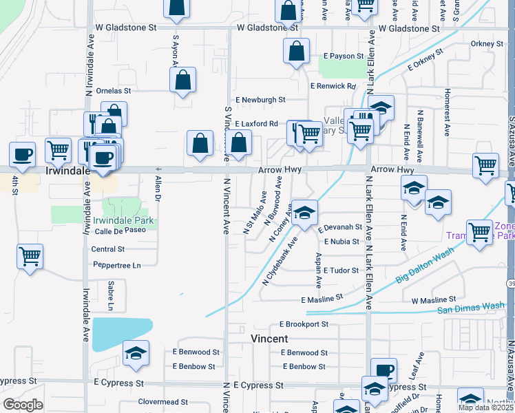 map of restaurants, bars, coffee shops, grocery stores, and more near 5115 North Varnell Avenue in Covina