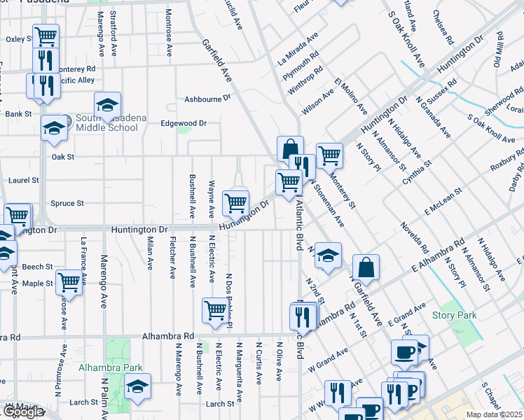 map of restaurants, bars, coffee shops, grocery stores, and more near 1751 La Senda Place in South Pasadena