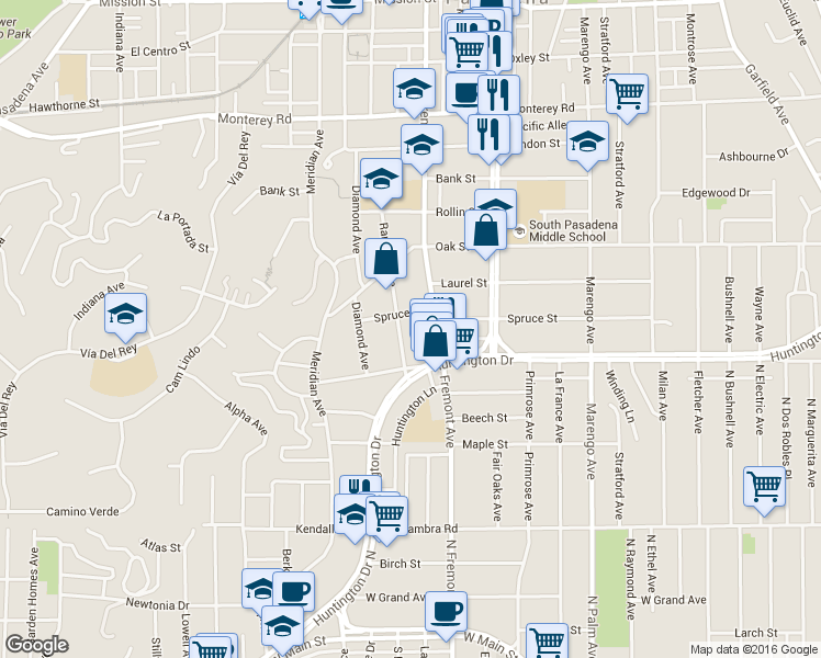 map of restaurants, bars, coffee shops, grocery stores, and more near in South Pasadena