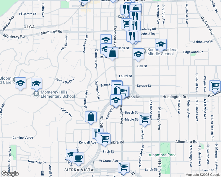 map of restaurants, bars, coffee shops, grocery stores, and more near in South Pasadena