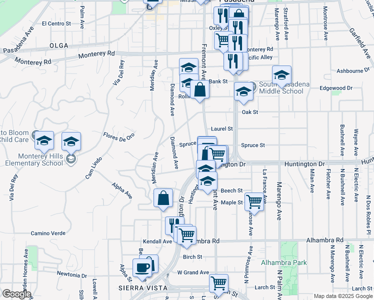 map of restaurants, bars, coffee shops, grocery stores, and more near 1212 Spruce Street in South Pasadena