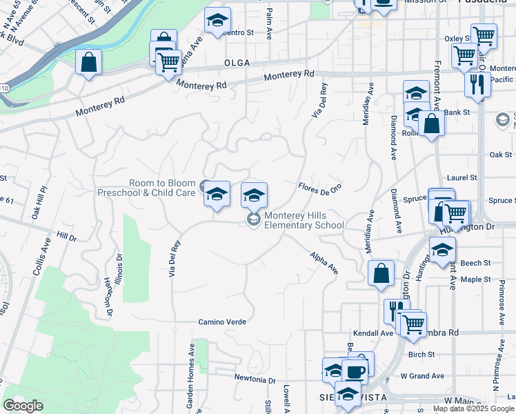 map of restaurants, bars, coffee shops, grocery stores, and more near 648 Camino Cerrado in South Pasadena