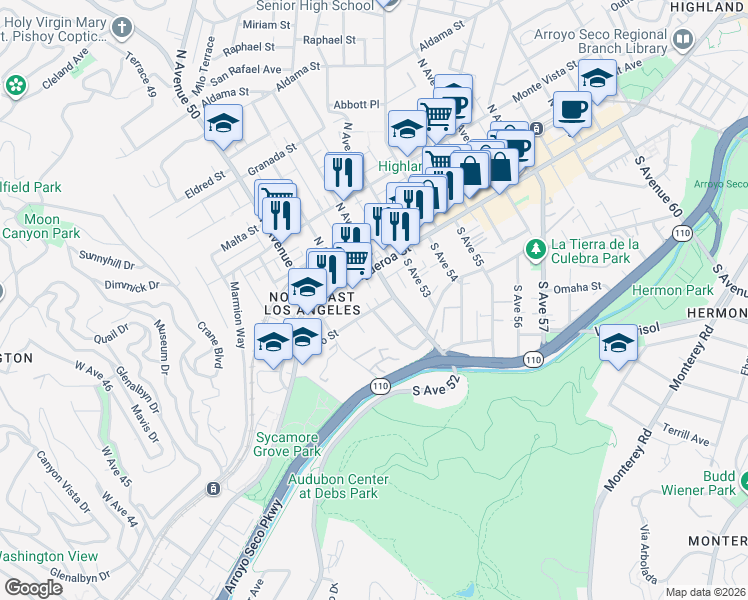 map of restaurants, bars, coffee shops, grocery stores, and more near 5100 North Figueroa Street in Los Angeles