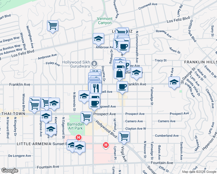 map of restaurants, bars, coffee shops, grocery stores, and more near 1900 Dracena Drive in Los Angeles