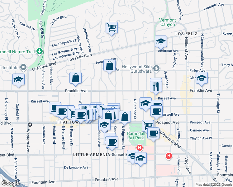 map of restaurants, bars, coffee shops, grocery stores, and more near 4953 Franklin Avenue in Los Angeles