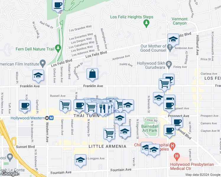 map of restaurants, bars, coffee shops, grocery stores, and more near in Los Angeles