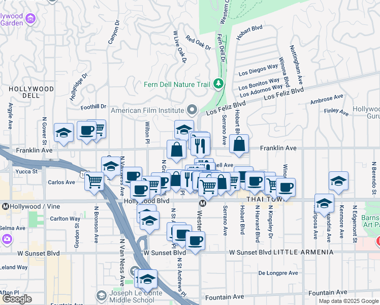 map of restaurants, bars, coffee shops, grocery stores, and more near in Los Angeles