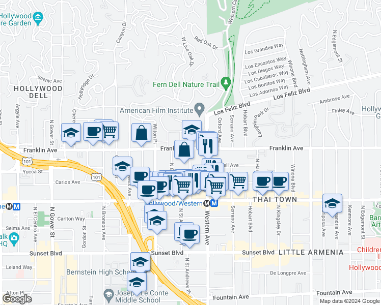 map of restaurants, bars, coffee shops, grocery stores, and more near in Los Angeles